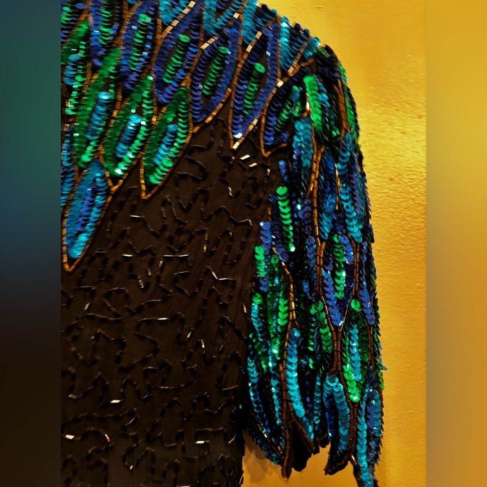 Vintage 100% silk beaded Elegant Black and Blue Sequin Dress stenay size 8 - Picture 9 of 16